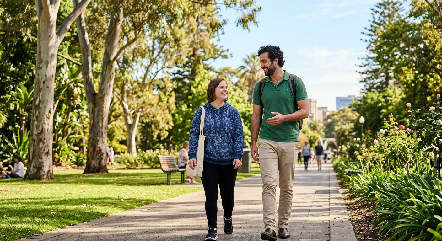 Friendly carer supporting a person with disability in Adelaide